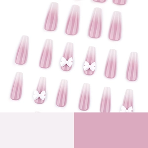 French gradient pink purple coffin press-on nails with white 3D bow decorations