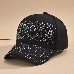 Women's black cotton baseball cap with colorful rhinestones LOVE letter embroidery