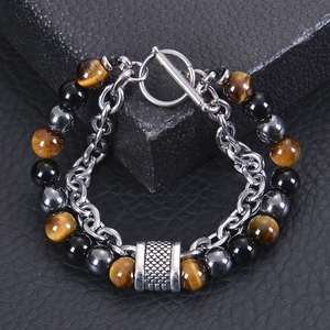 Tiger Eye and Black Agate multi-layer stainless steel beaded bracelet with OT toggle clasp
