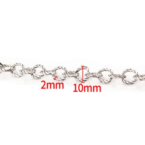Detail view of 10mm silver stainless steel chain with 2mm wire diameter for DIY jewelry