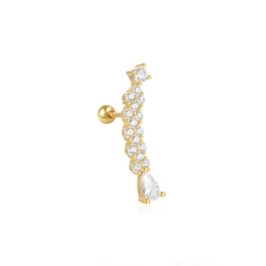 Detailed close-up of a golden crawler earring with sparkling zircon teardrop stone