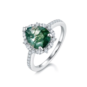 Pear shape green moss agate ring in S925 sterling silver with sparkling zircon accents