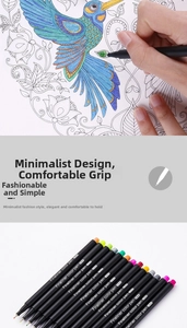 Detailed view of 0.4mm fineliner pens being used for colorful bird illustrations