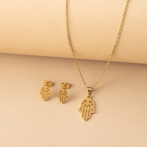 Gold Hamsa Hand jewelry set including hollow stainless steel necklace and earrings