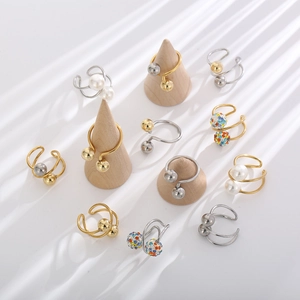 Stainless Steel Open Adjustable Rings Irregular Geometric Double Ball Artificial Pearl Rhinestone Elegant Trendy Jewelry For Women