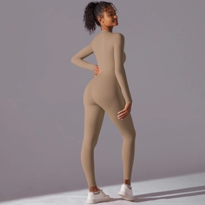 Rear view of khaki long sleeve athletic bodysuit showing high elasticity slim fit yoga wear