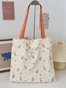 Cute rabbit print seersucker canvas tote bag with large capacity for students