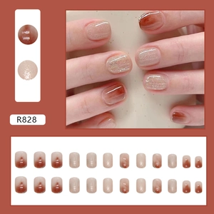 Brown amber smudge press-on nails with glitter lines, 24-piece full set model R828