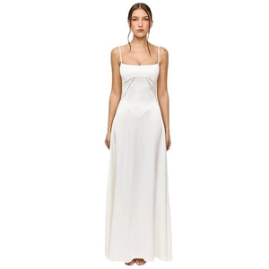 Elegant white spaghetti strap backless maxi dress with geometric waist detailing