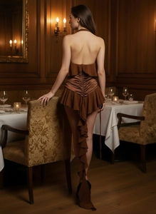 Detail of caramel backless halter dress featuring elegant ruffles and satin finish
