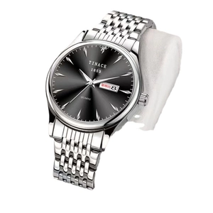 Business quartz men's watch with silver steel strap, black dial, and dual calendar display