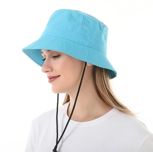 Sky blue bucket hat with adjustable black drawstring and breathable eyelets for outdoors