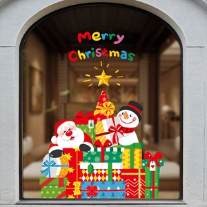Merry Christmas static window stickers with Santa and snowman on arched glass panes