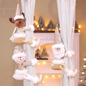 Christmas Curtain Buckle Tieback Champagne Gold Plush Santa Reindeer Snowman Hugging Doll Home Decor Festive