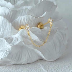 Macro view of S925 sterling silver floral chain earrings with zircon studs and hallmark