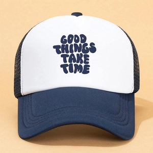 Fashionable navy and white trucker hat with Good Things Take Time slogan and mesh back