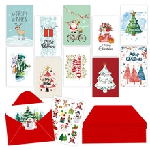 Detailed set of Christmas greeting cards with red envelopes and festive stickers