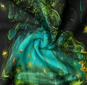 Detail view of tropical forest tapestry fabric with butterfly print and silky texture