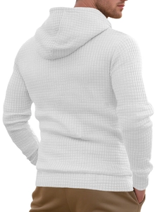 Close-up back view of a white hooded sweatshirt with premium waffle knit texture