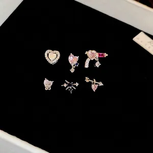 Sweet Heart Shaped Stud Earrings With Silver Earring Post Alloy Zircon Rhinestone Cupid Arrow Butterfly Jewelry For Women
