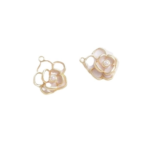 14K gold plated camellia flower pendants with white enamel and center pearl accents