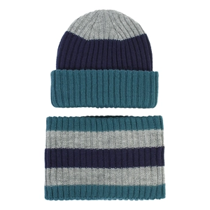 Detail of striped knitted winter hat and neck warmer set with ribbed wool texture