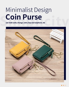 Minimalist leather coin purses in various colors with wristlets and keychains