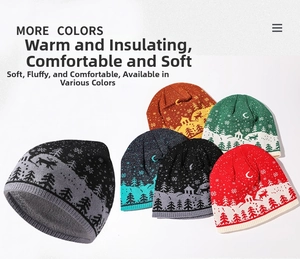 Detailed view of warm knit winter hat with reindeer pattern and soft fleece lining