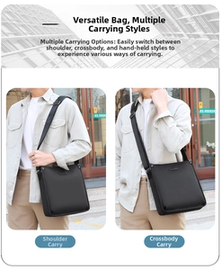 Detailed views of a black men's business shoulder bag showing crossbody and shoulder styles