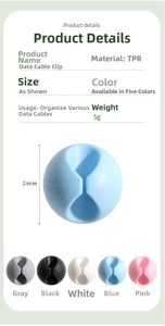Detailed specifications of the 2.6cm round cable organizer clips in five diverse colors