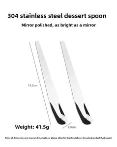 Polished 304 stainless steel dessert spoon, 19.5cm long, with mirror finish and slim handle