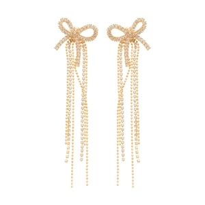 Elegant gold bow earrings with crystal tassels and long silver needle chain drops