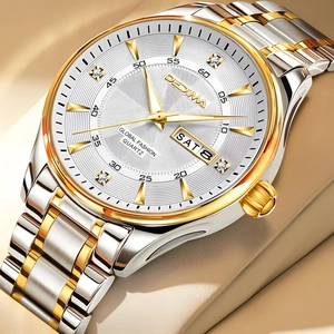 Two-tone silver and gold men's steel watch with textured white dial and day-date display
