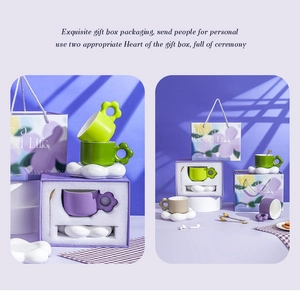 Ceramic coffee cup set with flower handles, cloud saucers, and premium gift packaging