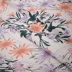 Close-up of bohemian mandala tapestry featuring orange floral patterns on cotton linen fabric