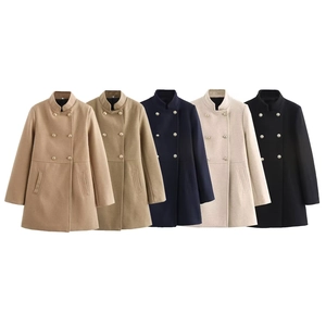 Women's double-breasted wool blend coat shown in five versatile colors on white background