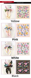 Detailed view of 70cm floral silk scarves in yellow, pink, white, and black colors