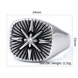 Men's vintage stainless steel compass ring with zircon inlay and detailed size specs