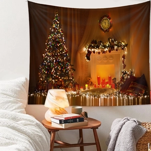 Detail of Christmas tree tapestry with warm fireplace and glowing holiday lights