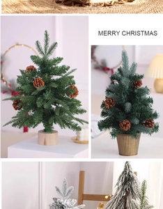 Mini tabletop Christmas tree set with natural pine cones and frosted snow detail