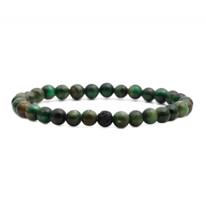 Handmade bracelet with 8mm green tiger eye beads and a black volcanic lava stone center