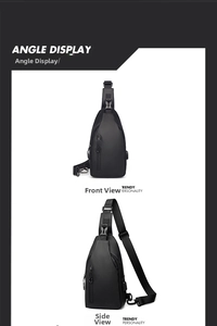 Detail of waterproof black crossbody chest bag featuring USB port and buckle closure