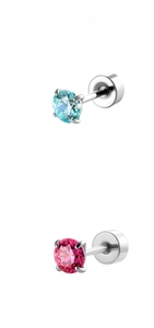 Detail of 4mm round cubic zirconia stud earrings in sky blue and rose red tones