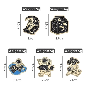 Detailed view of astronaut enamel pins with specific weight and dimension specifications