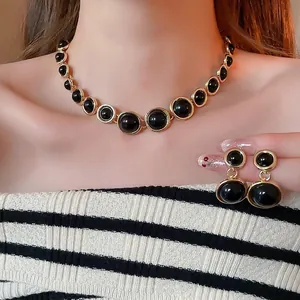 Retro Palace Style Jewelry Set Round Black Resin Gold Tone Necklace And Earrings With Silver Earring Post For Women