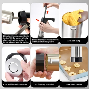 Stainless steel cookie press kit guide with six-step assembly and baking instructions