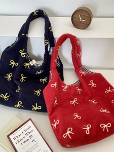 Grand sac cabas en peluche avec nœud brodé, sac à épaule chic pour femmes