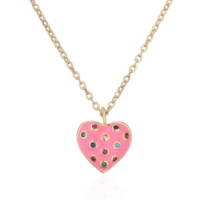 Bohemian gold-plated heart pendant necklace with pink enamel and colorful zircon stones