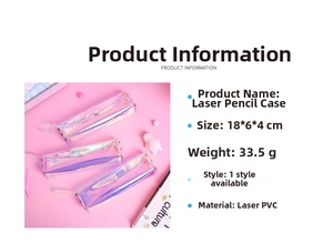 Dettaglio dell'astuccio in PVC laser iridescente, 18x6x4cm, con chiusura a bottone unico