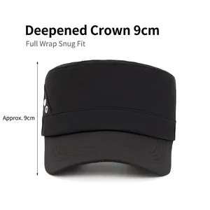 Men's breathable mesh flat top hat in black with 9cm deep crown and metal vents